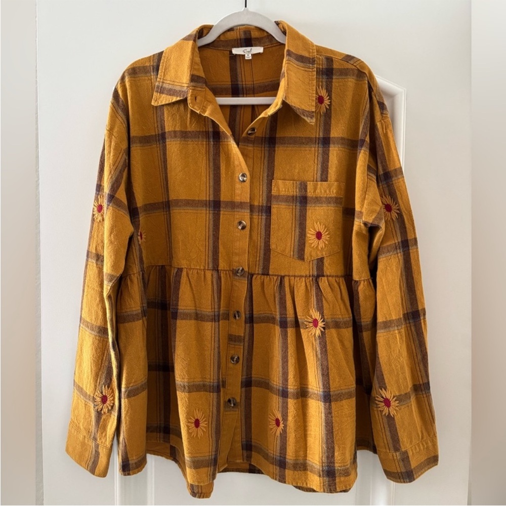 Easel Plaid Embroidered Floral Babydoll Button Up Shirt Med/Lrg